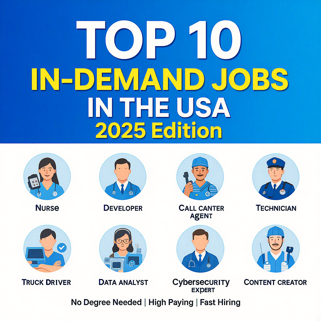 Illustration showing 10 diverse American professionals representing in-demand jobs in 2025, including nurses, developers, drivers, and marketers, with bold title text overlay.